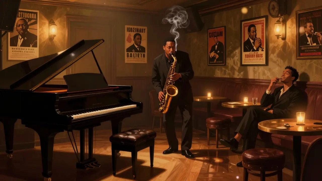 Intimate jazz lounge with a saxophonist playing under warm amber lights, patrons lost in the music.