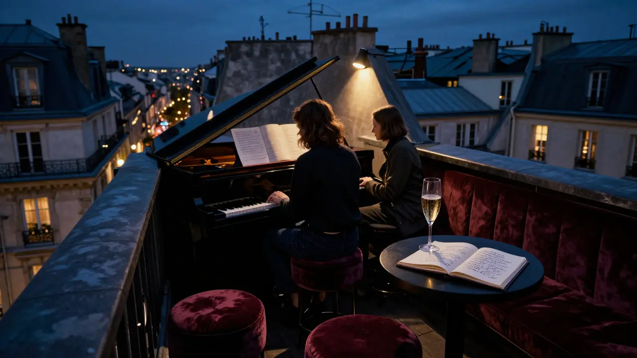 Intimate rooftop bar in Paris with piano music and city lights at night.