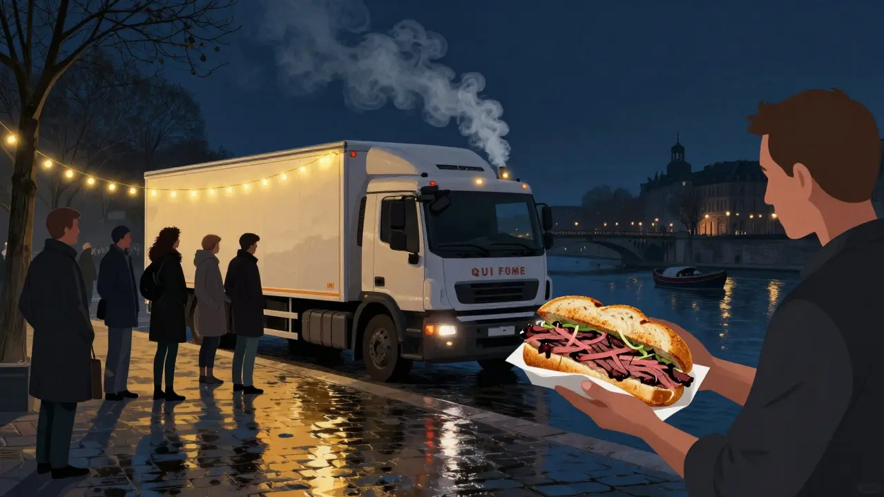 Late-night food truck Le Camion Qui Fume serving smoked brisket sandwiches by the canal under string lights.