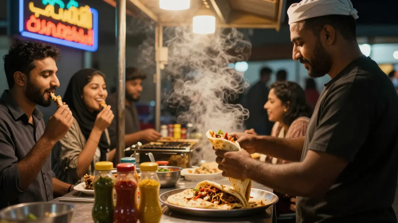 Late-night shawarma being served at a neon-lit food stall in Abu Dhabi after hours.