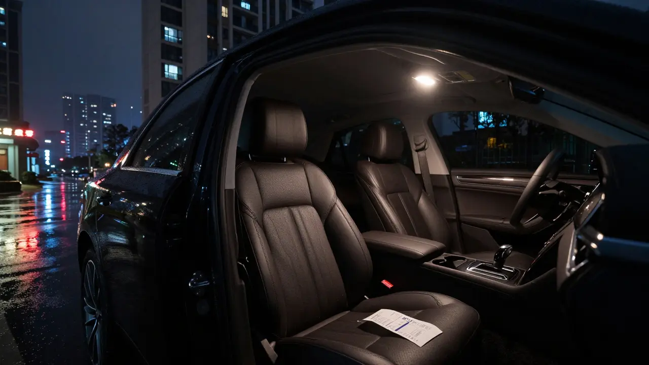 Luxury car with digital payment receipt visible, parked outside a residential building at night.