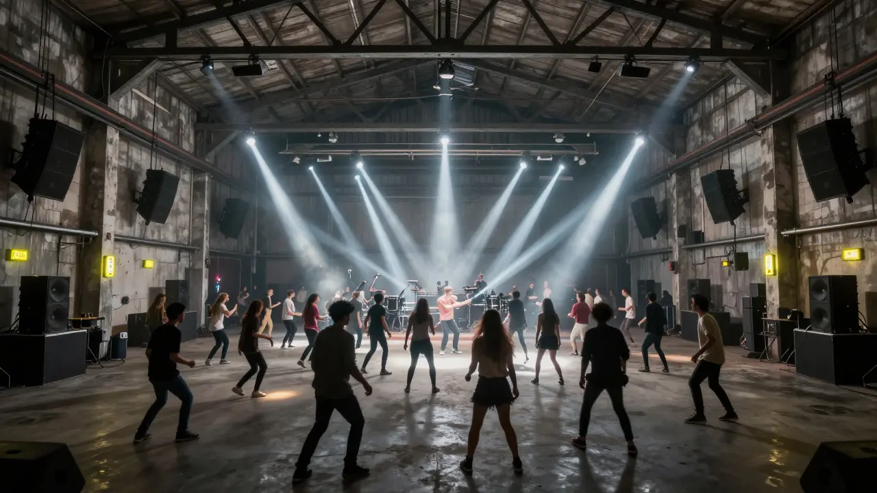 Massive crowd at Printworks dancing in an industrial warehouse with exposed beams and strobes.