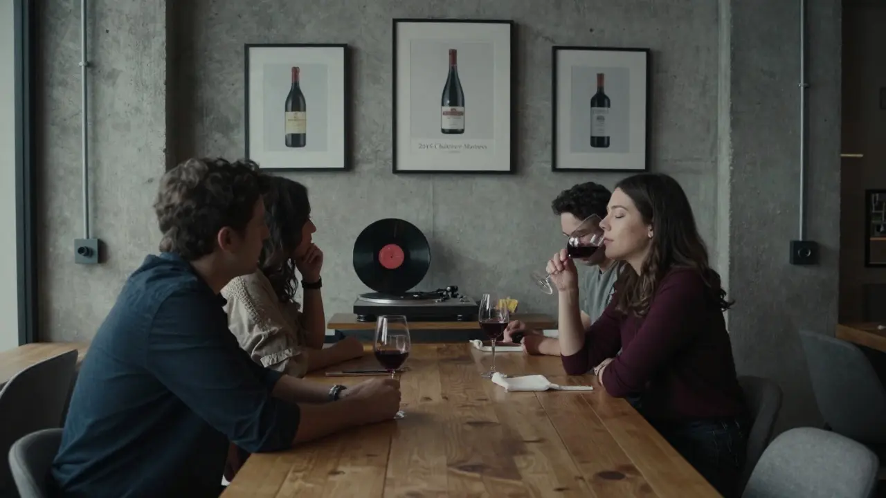 Minimalist concrete wine lounge with rare bottles, group savoring wine under dim light and vinyl records playing softly.