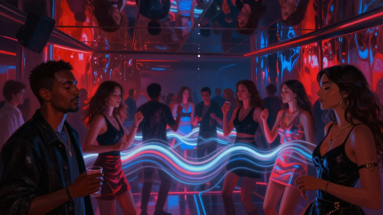 Neon-lit nightclub dance floor with mirrored ceiling reflecting a vibrant, moving crowd.
