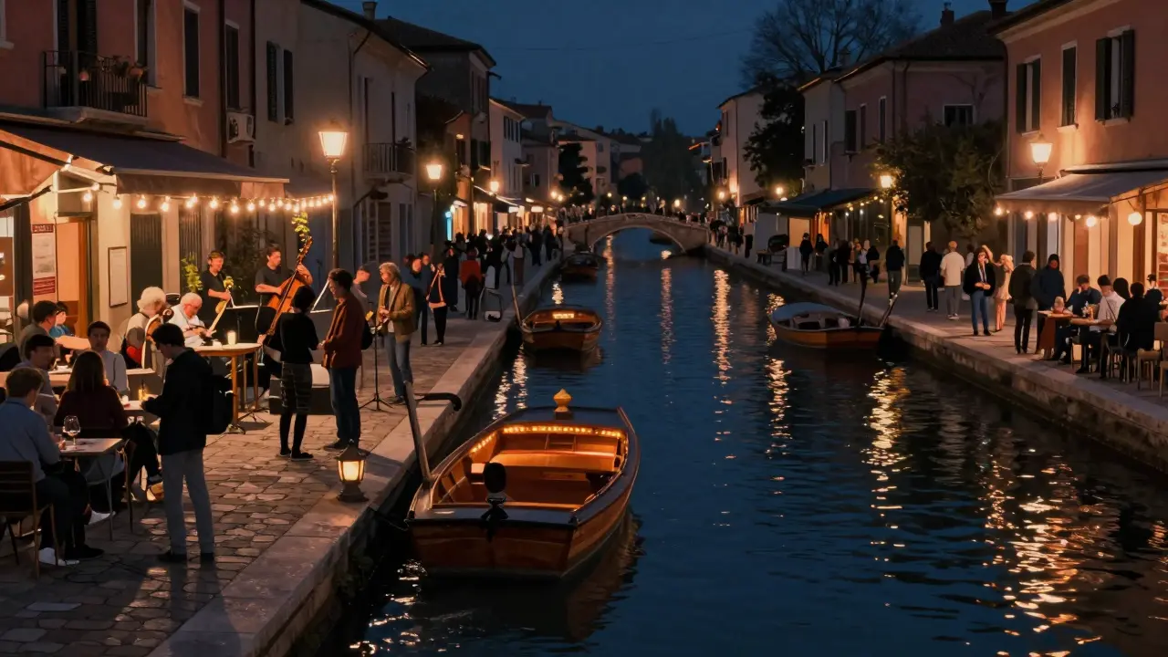 Nighttime scene along Navigli canal with lanterns, jazz musicians, and people mingling by the water.