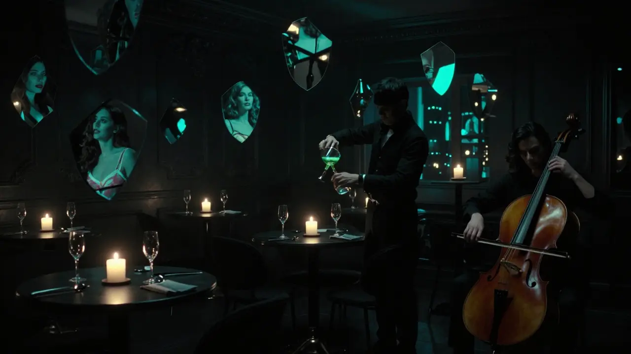 Pitch-black room with glowing candles and mirrors reflecting memories, not faces.