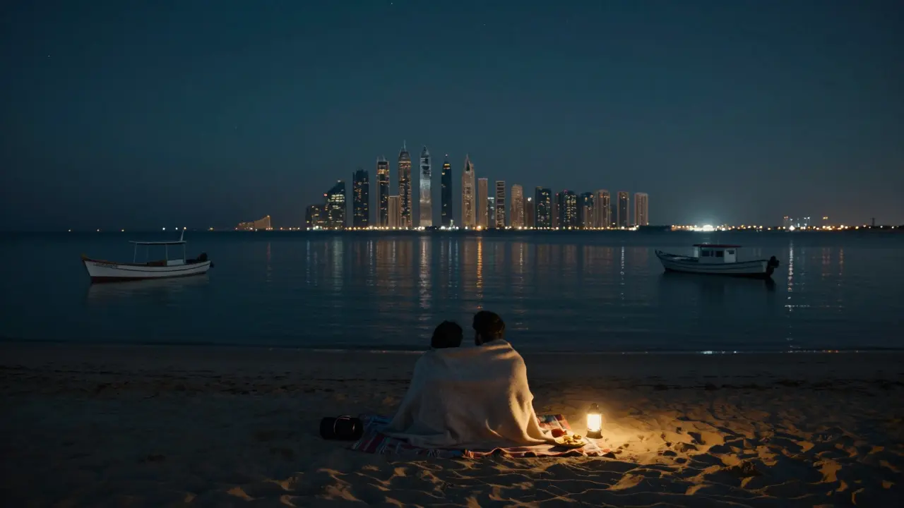 Quiet night at Al Sufouh Beach with a couple under the stars, distant Dubai skyline reflecting on water.