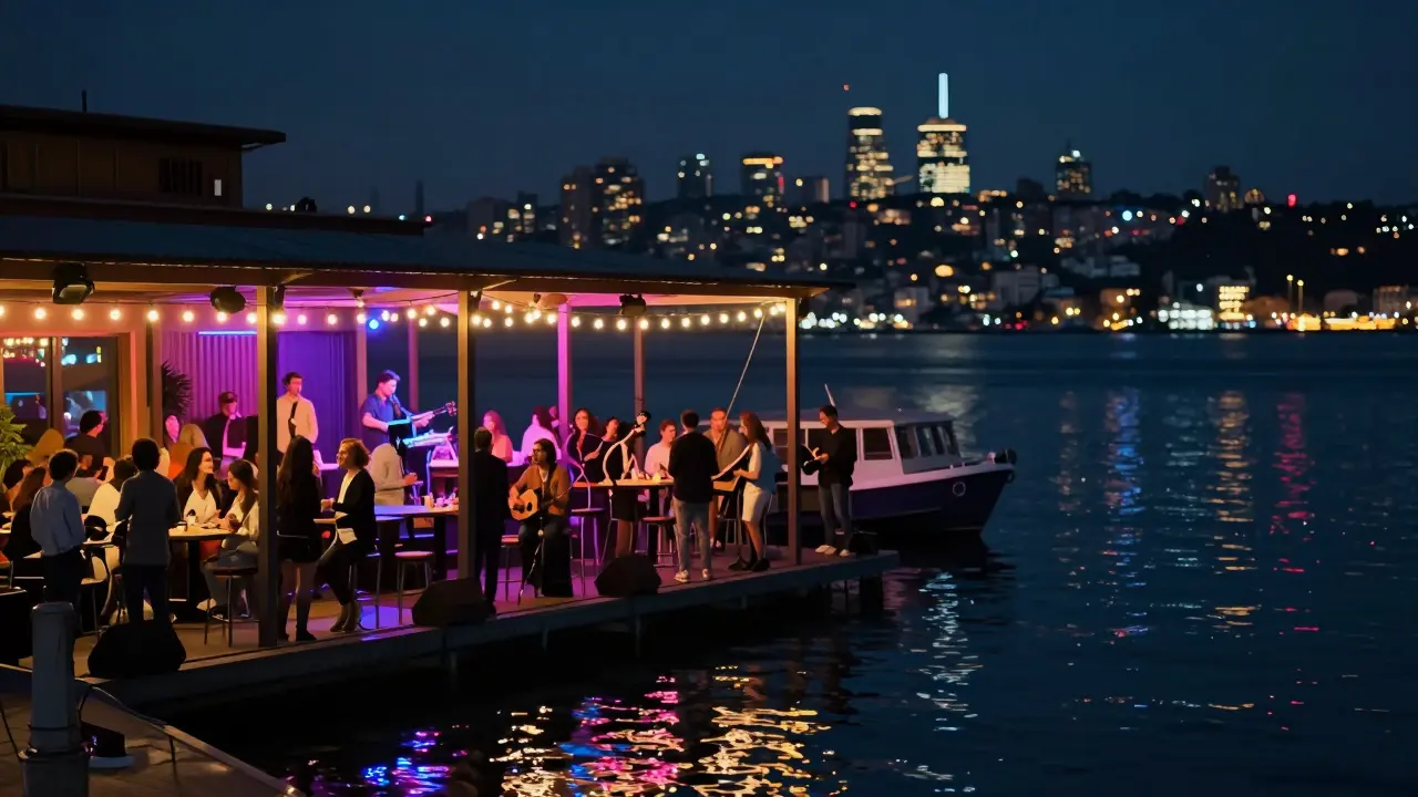 Reina nightclub terrace at night with Bosphorus lights, crowd dancing under string lights and live music.