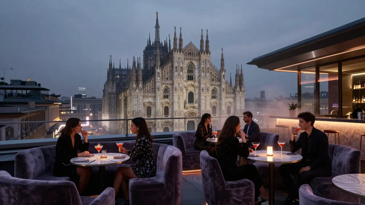 Rooftop bar overlooking Milan's Duomo at night with stylish patrons and ambient city lights.