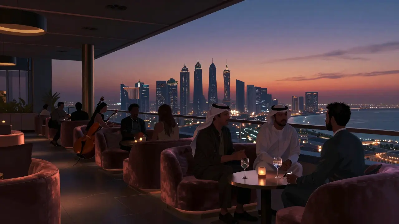Rooftop lounge at W Abu Dhabi with guests enjoying sunset views over the Persian Gulf in quiet conversation.