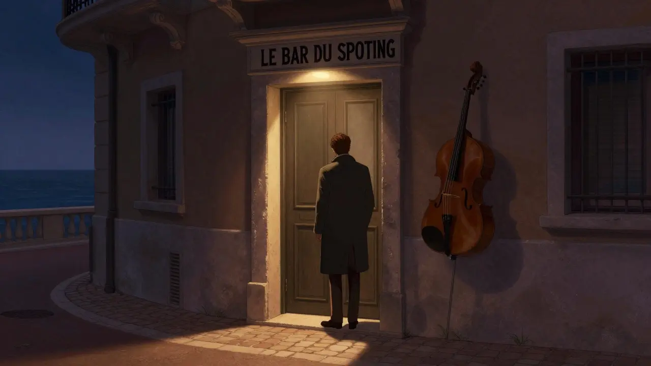 Secret door to Le Bar du Sporting in a dim alley, warm light spilling out, lone figure approaching.