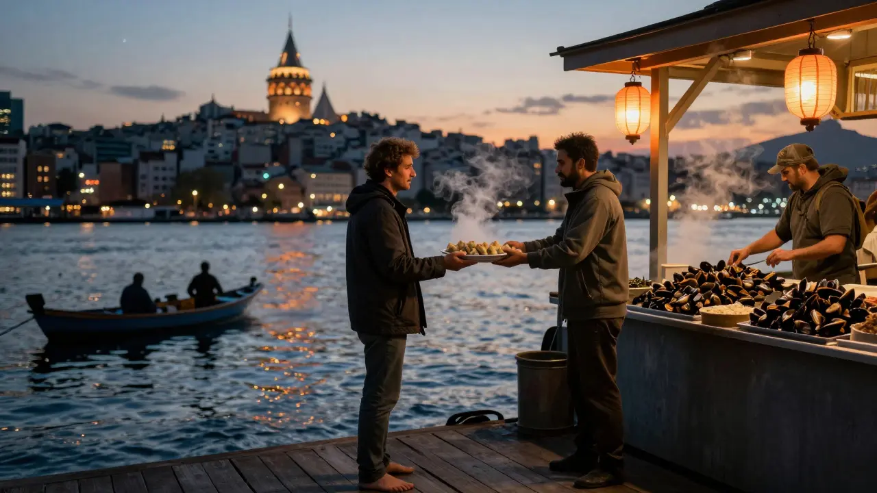 Street vendor serving mussels by the Galata Bridge at dawn, fishermen in silhouette.