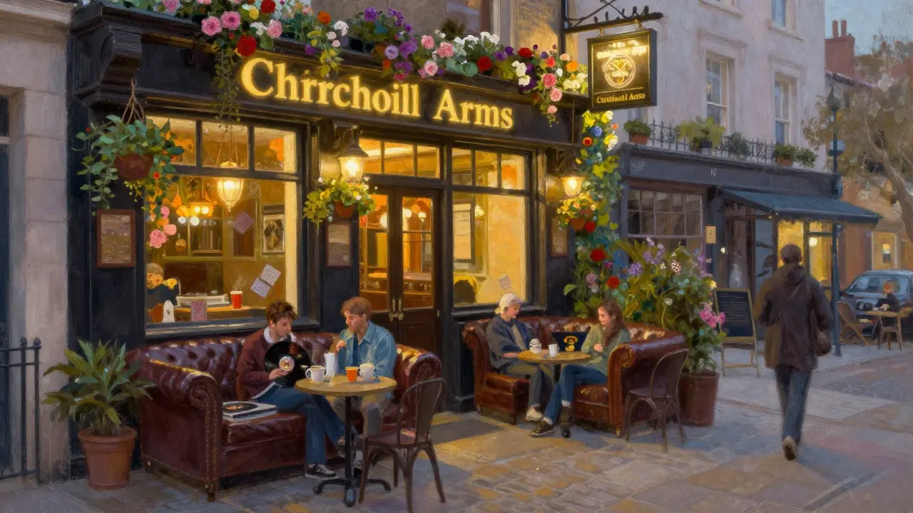 The Churchill Arms pub in Notting Hill, filled with flowers and warm light, people relaxing on sofas.