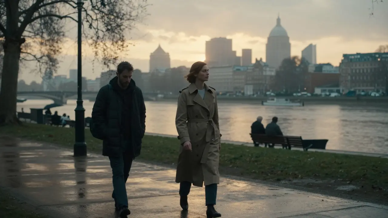Two figures walking peacefully through a misty London park at dusk.
