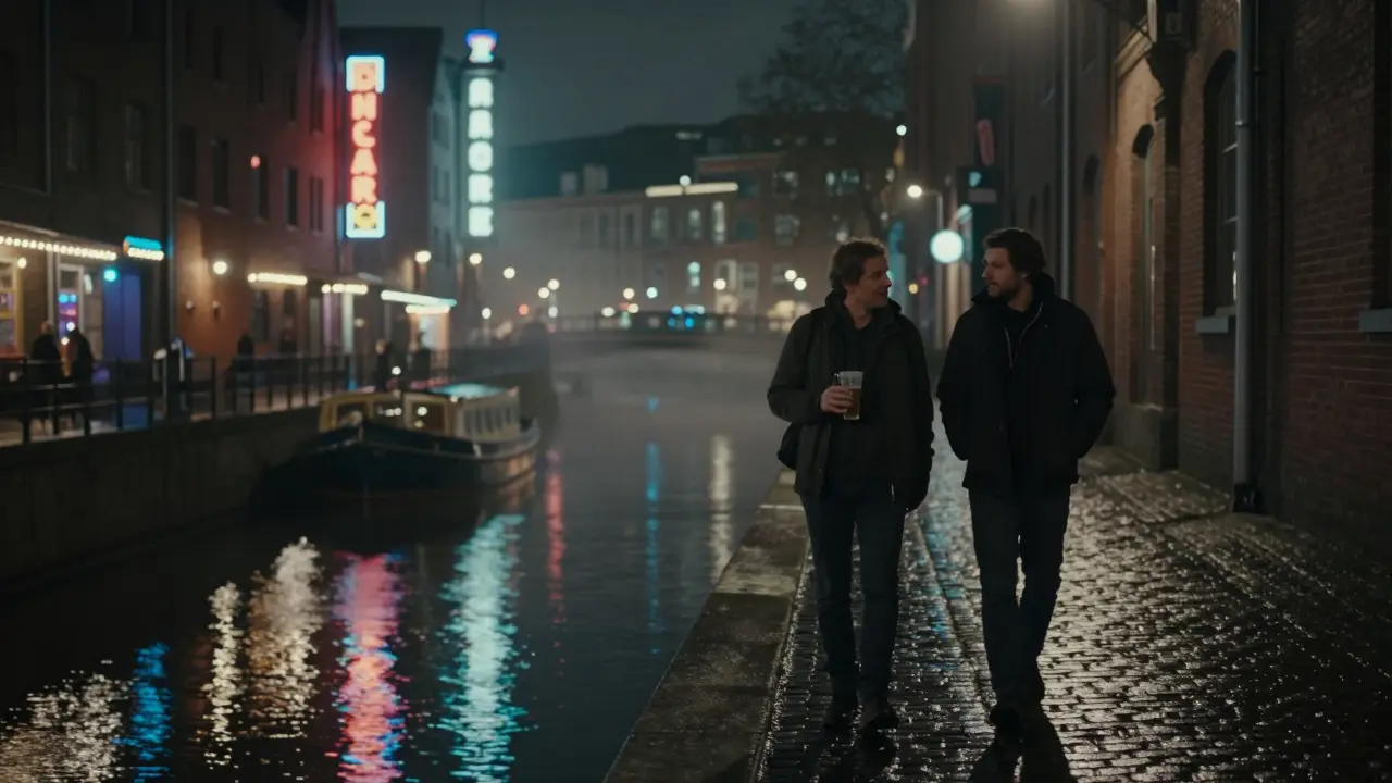 Two figures walking side by side along Landwehrkanal at night, reflections of bar lights on the water.