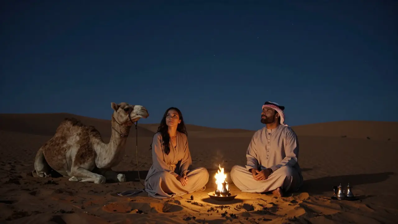 Two people in a desert camp under the stars, enjoying a peaceful evening beside a fire and camel.