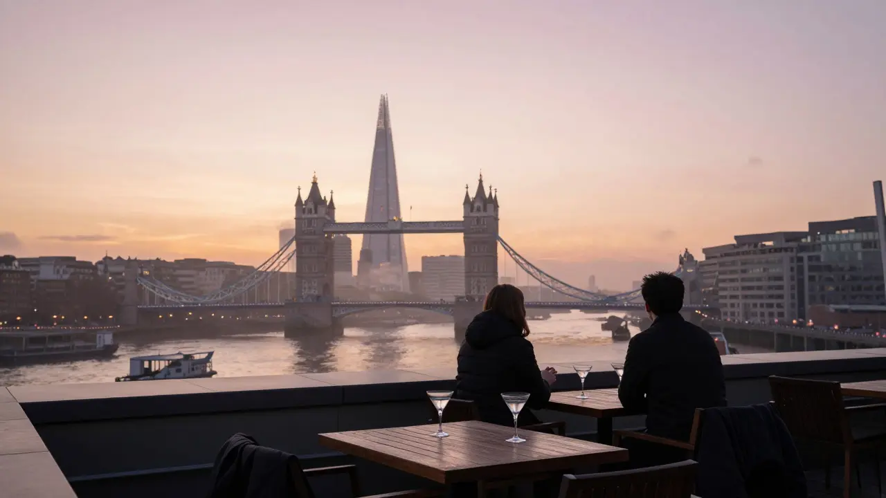Two people on a rooftop at dawn, overlooking London’s skyline with soft morning light.
