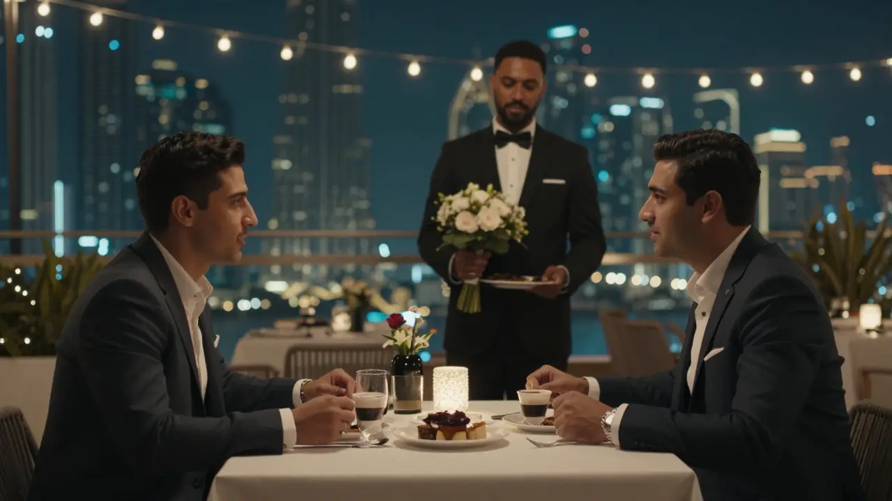 Two people share a quiet rooftop dinner in Dubai under city lights, engaged in conversation, no physical intimacy.