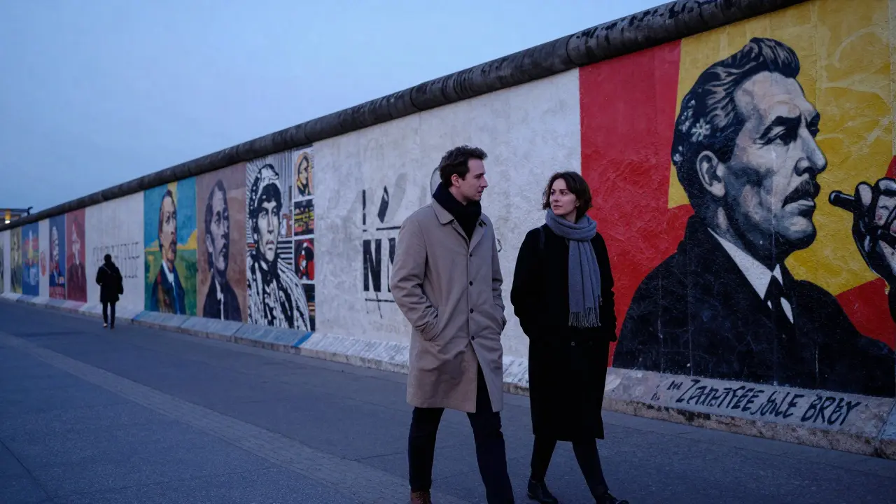 Two people walking peacefully along the East Side Gallery at dusk, engaged in quiet conversation.