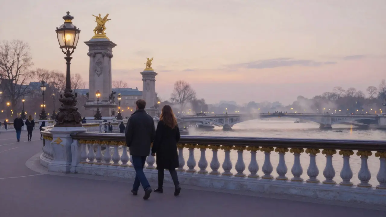 Two people walking peacefully along the Seine at dawn under golden statues.