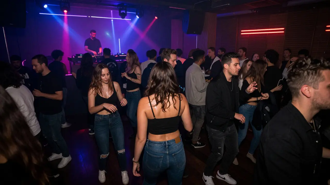 Underground club with pulsing lights and a crowded dance floor, people dancing in smart casual attire.