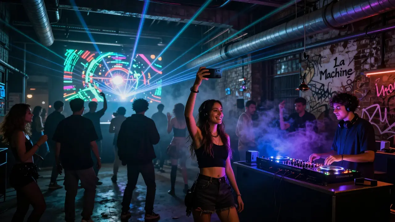 Underground techno party in a Paris warehouse with lasers, diverse crowd, and glowing DJ booth.