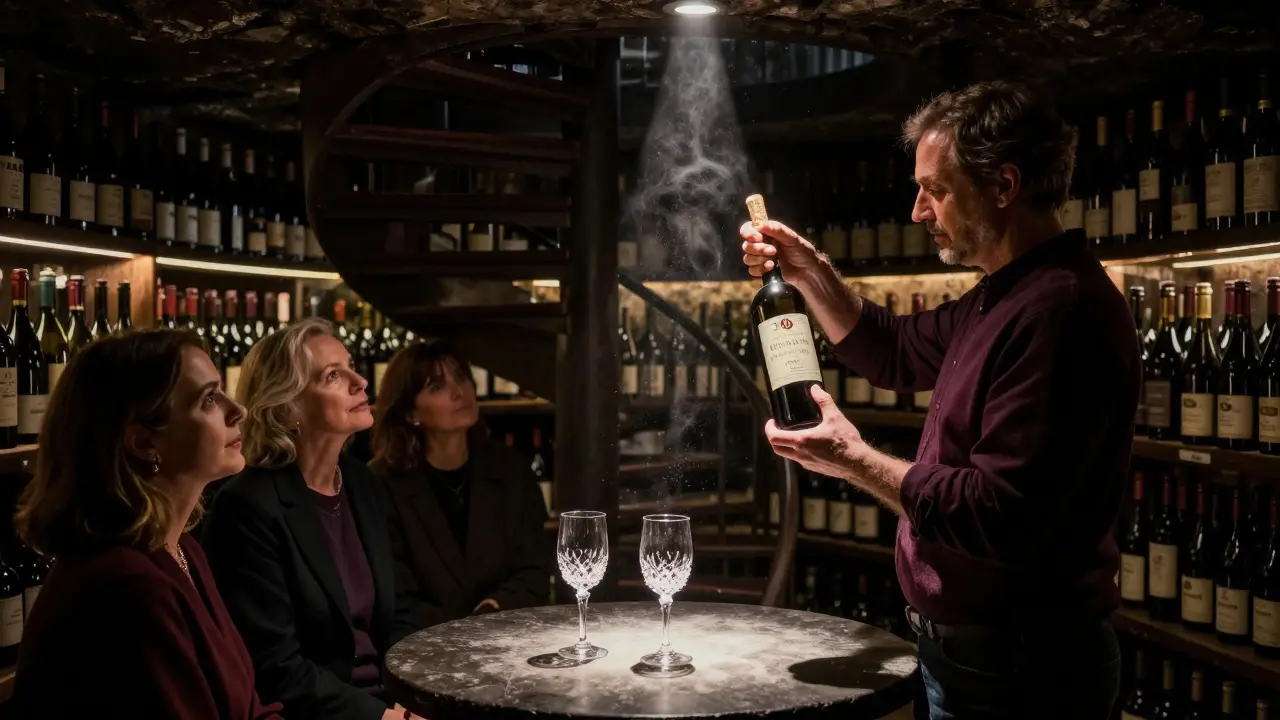 Underground wine cellar with spiral staircase, sommelier holding up a vintage Chianti as guests watch in quiet reverence.