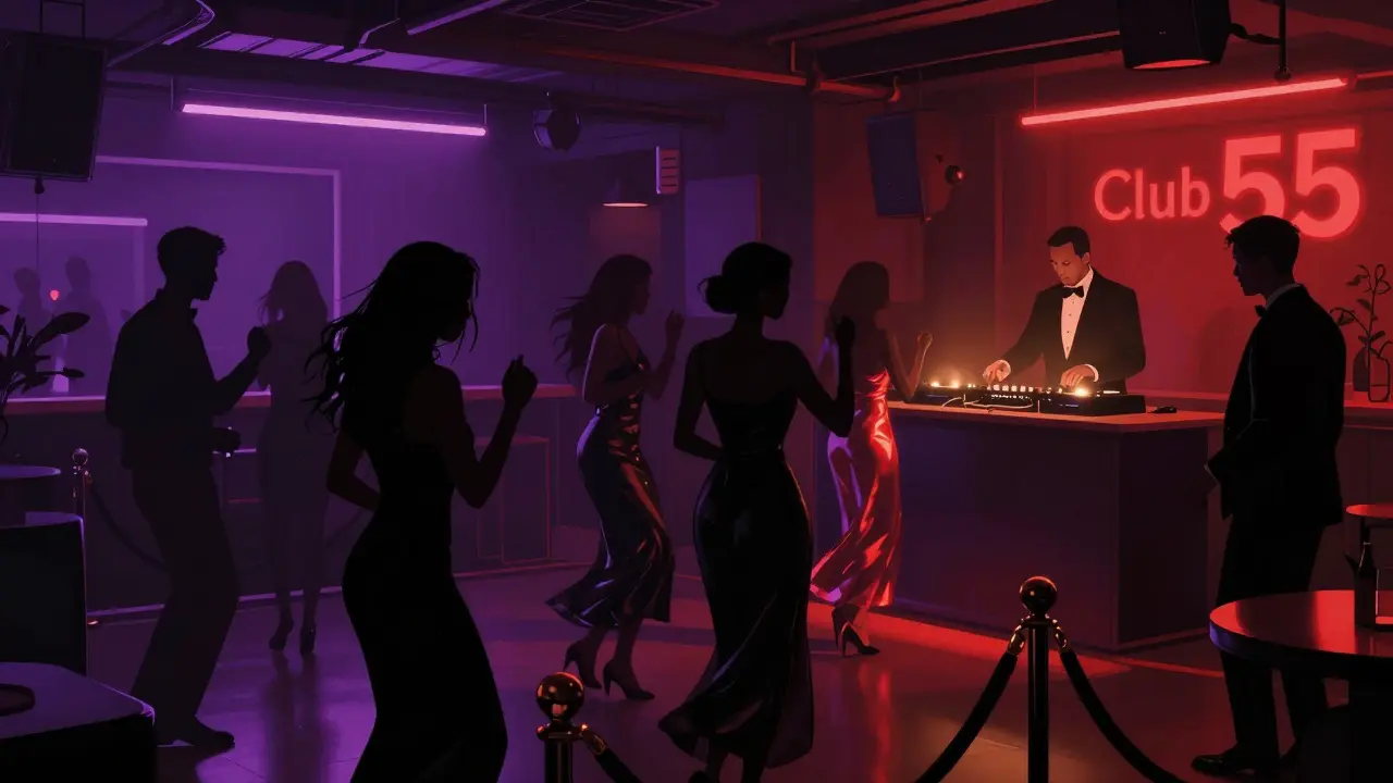 Vibrant Club 55 dance floor with stylish crowd under pulsing neon lights and strobes.
