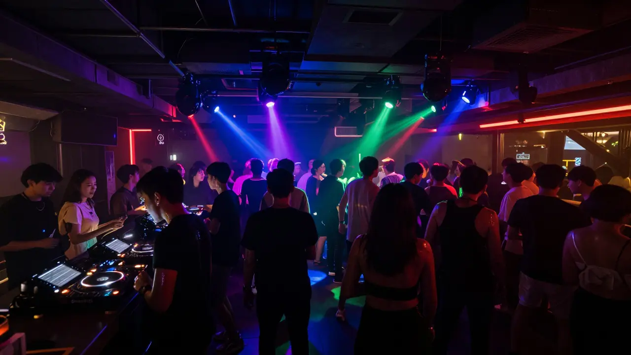 Vibrant nightclub with dancing crowd and synchronized colorful lighting.