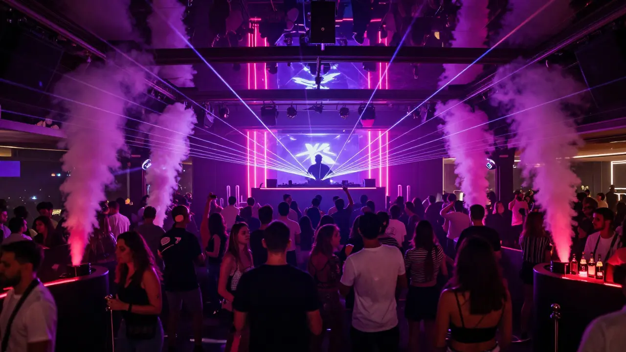 Vibrant nightclub with dancing crowd, laser lights, and DJ booth under pulsating neon glow.