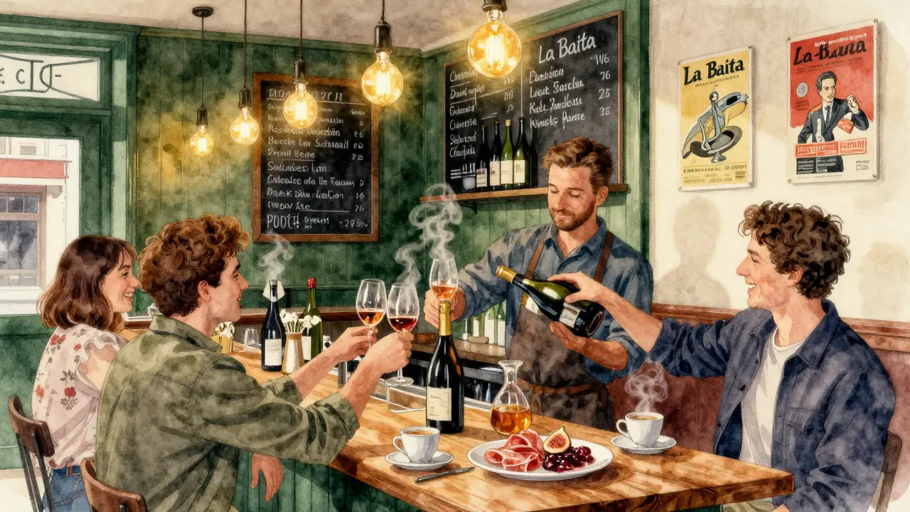 Vibrant wine bar with patrons sharing drinks and food under warm lights.