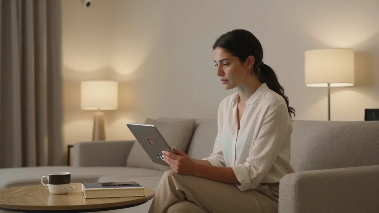 Woman in a calm, professional setting during a video call, book and coffee nearby.