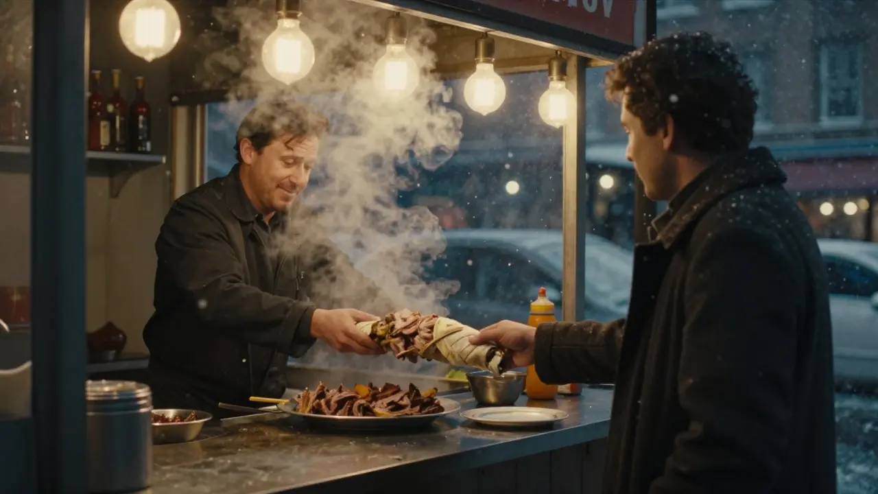 24-hour döner shop at dawn serving kebabs to a lone customer under warm lights.