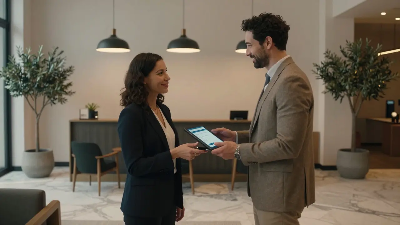 A client and companion completing a secure payment verification in a luxury hotel lobby.