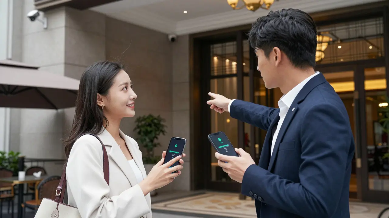 A client and companion meeting safely in a hotel lobby, choosing a public café, with smartphones showing location sharing.