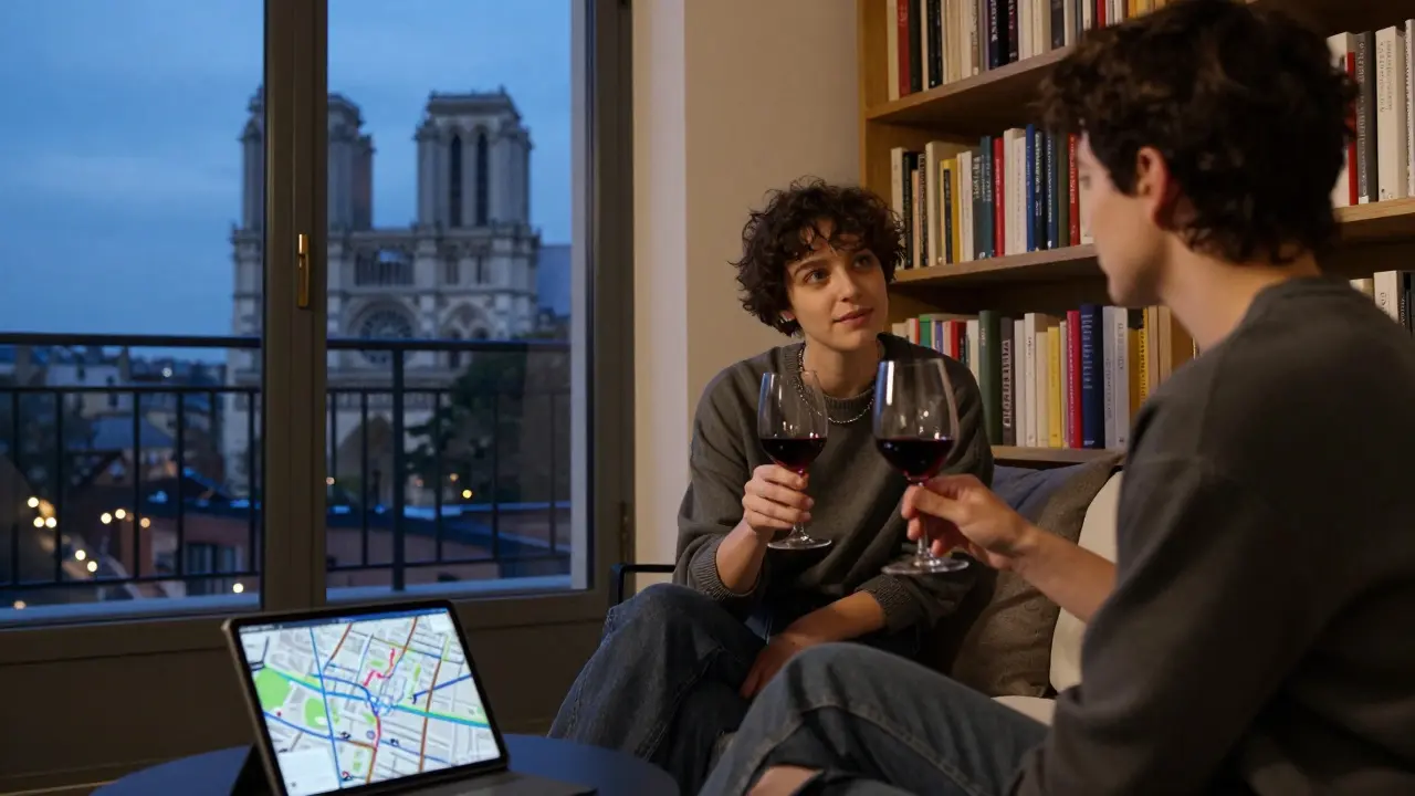 A companion and guest sharing wine in a Paris apartment with art books and Notre-Dame visible through the window.