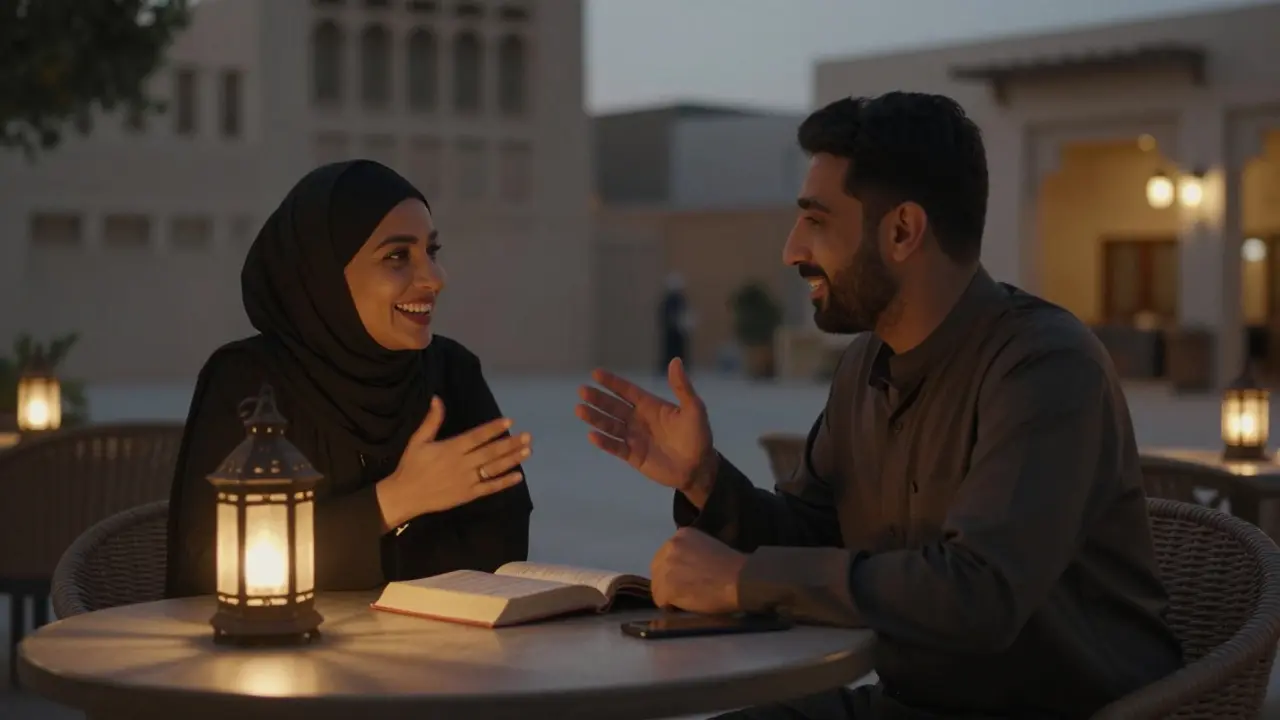 A couple enjoying a quiet moment in a cozy Al Bateen café, sharing stories and laughter at twilight.