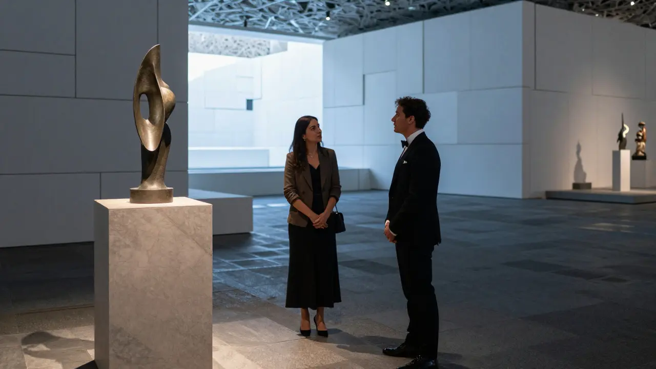 A couple quietly viewing art in a private Louvre Abu Dhabi gallery after hours, bathed in ambient gallery lighting.