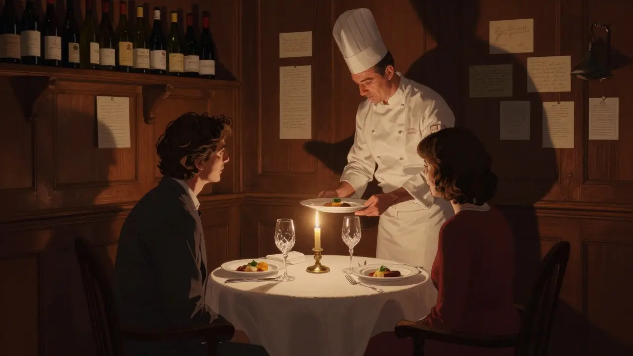 A couple shares a quiet dinner in a candlelit private room at Le Gavroche, surrounded by vintage wine bottles and warm lamplight.