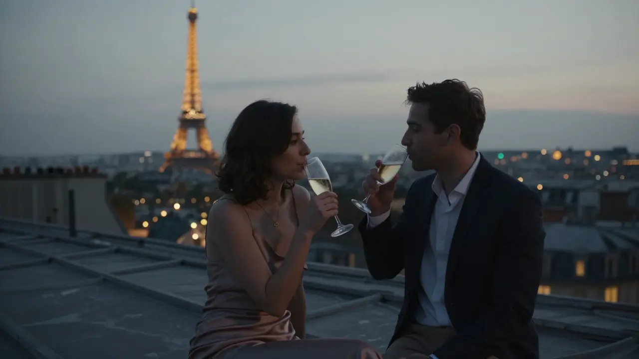 A couple shares quiet champagne on a Paris rooftop at night, the Eiffel Tower glowing softly in the distance.