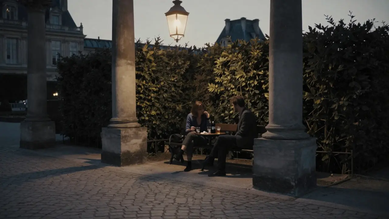A couple sharing wine on a secluded bench in Le Jardin du Palais-Royal, shadows from black-and-white columns stretching across cobblestones.