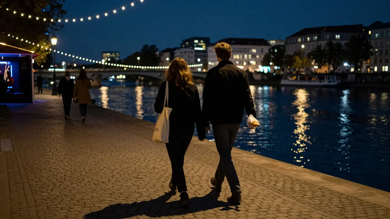 A couple walking peacefully along the Spree River at night, city lights reflecting on the water.