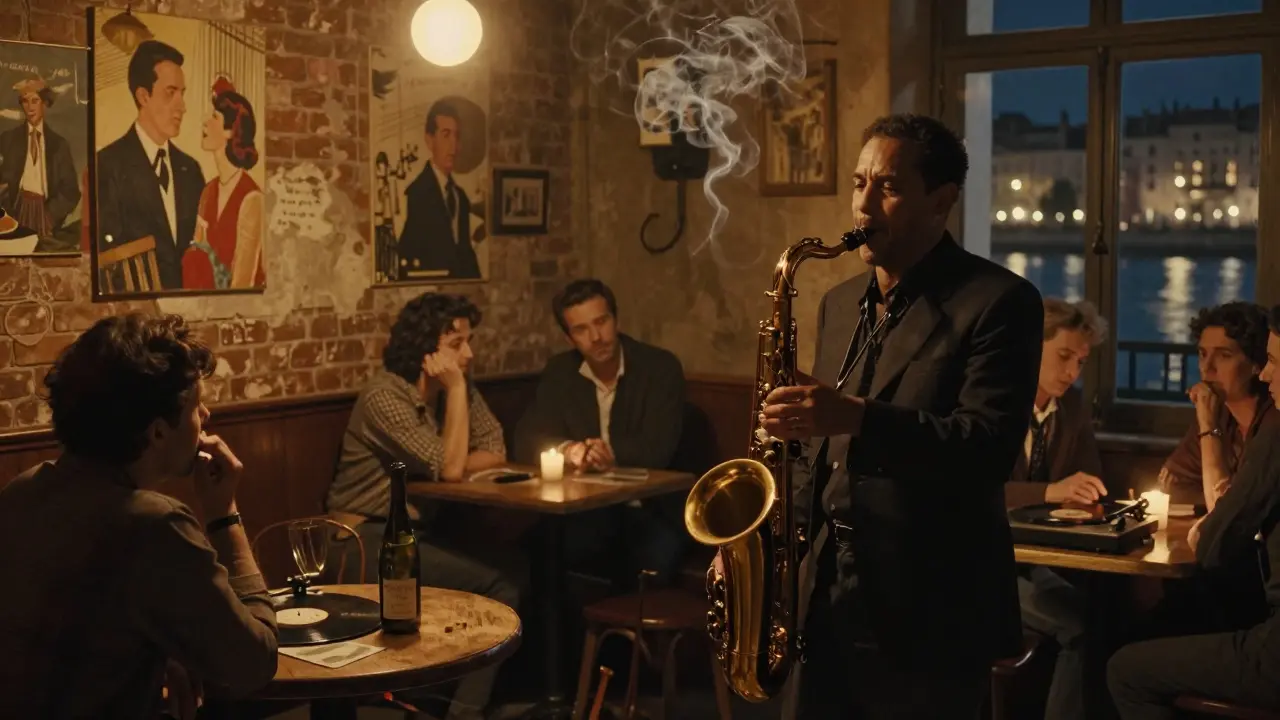 A dim jazz cellar in Saint-Germain with a saxophonist playing, patrons enjoying wine and vinyl records.