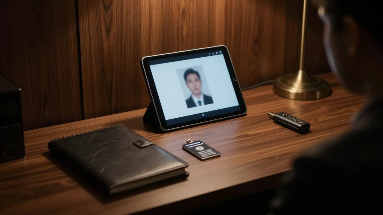 A discreet agency office with a secure tablet and dossier, dimly lit in muted tones.
