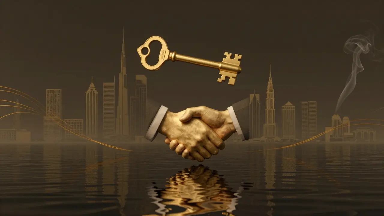 A golden key hovers above Dubai's skyline, its reflection forming a handshake in the water.