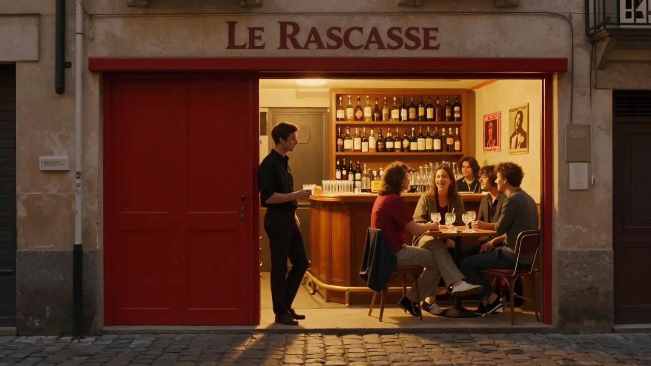 A hidden bar with a red door in a narrow alley, warm light spilling out as a bouncer greets a guest at night.