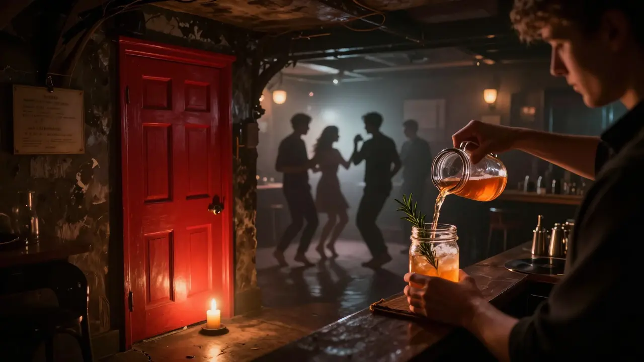 A hidden basement bar with candlelight and people dancing barefoot to vinyl music.
