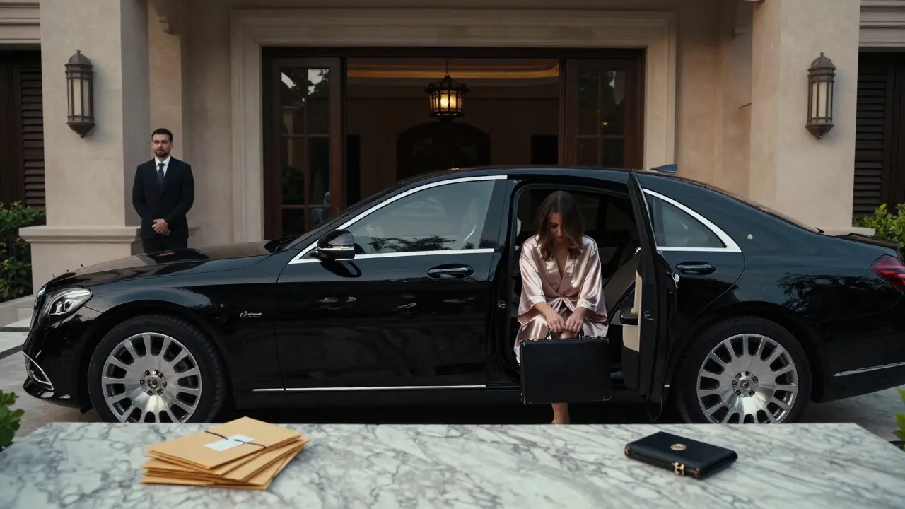 A luxury Mercedes waiting outside a secluded villa in Abu Dhabi, symbolizing discreet companionship and privacy.