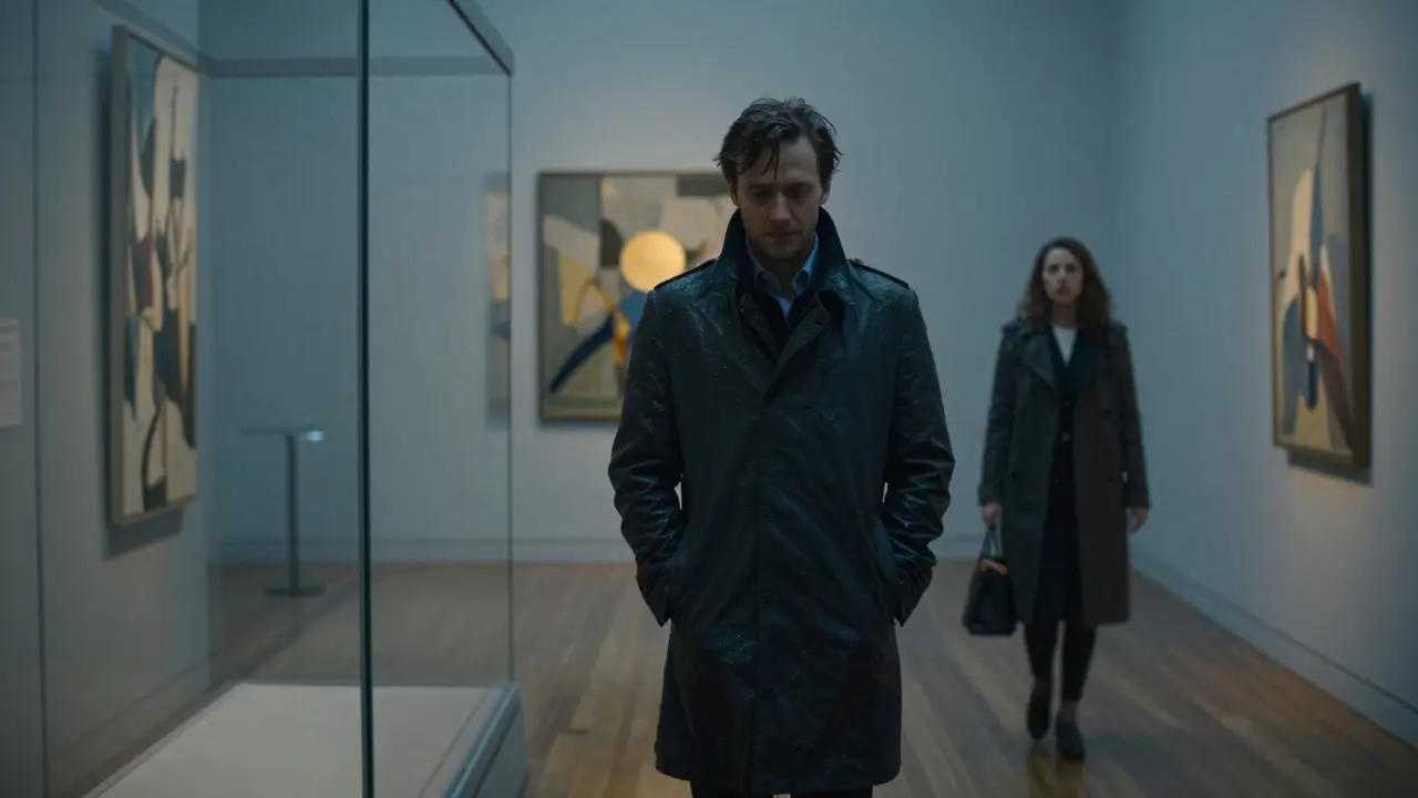 A man walking alone in a gallery, reflection showing his solitude, a woman watching from behind.