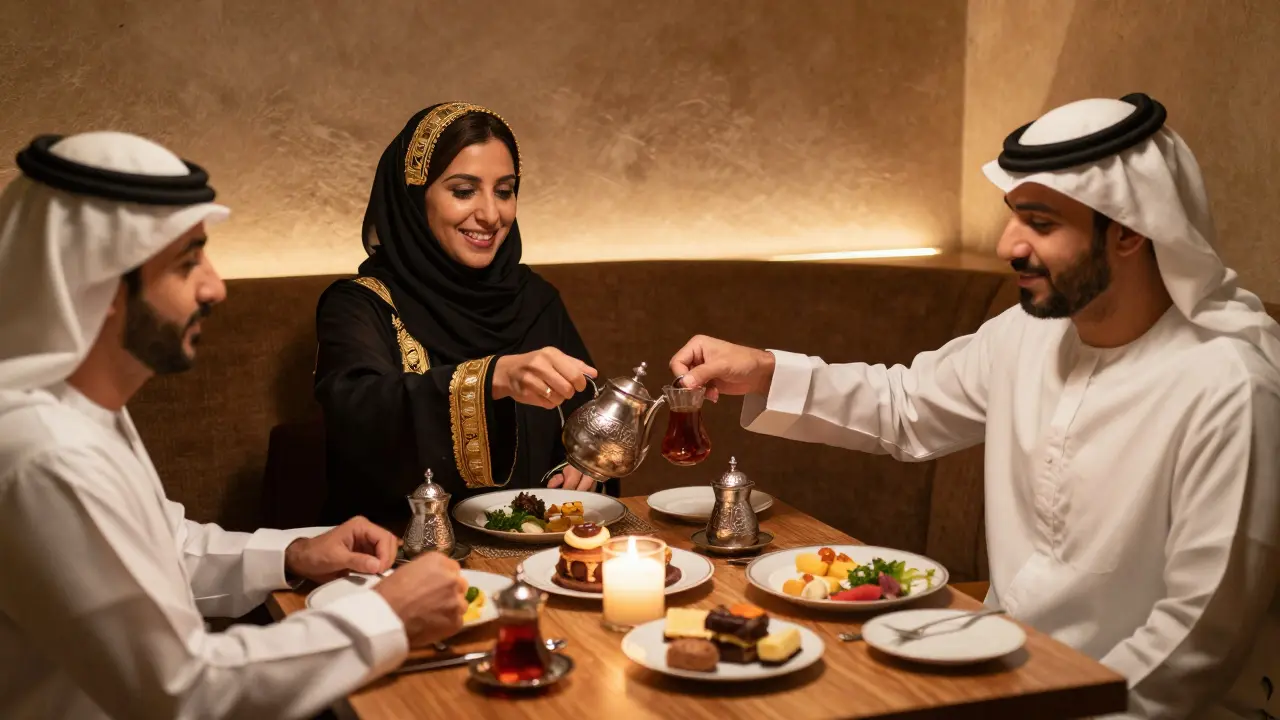 A multicultural business dinner in a private restaurant booth with tea being poured, cultural elegance in the setting.